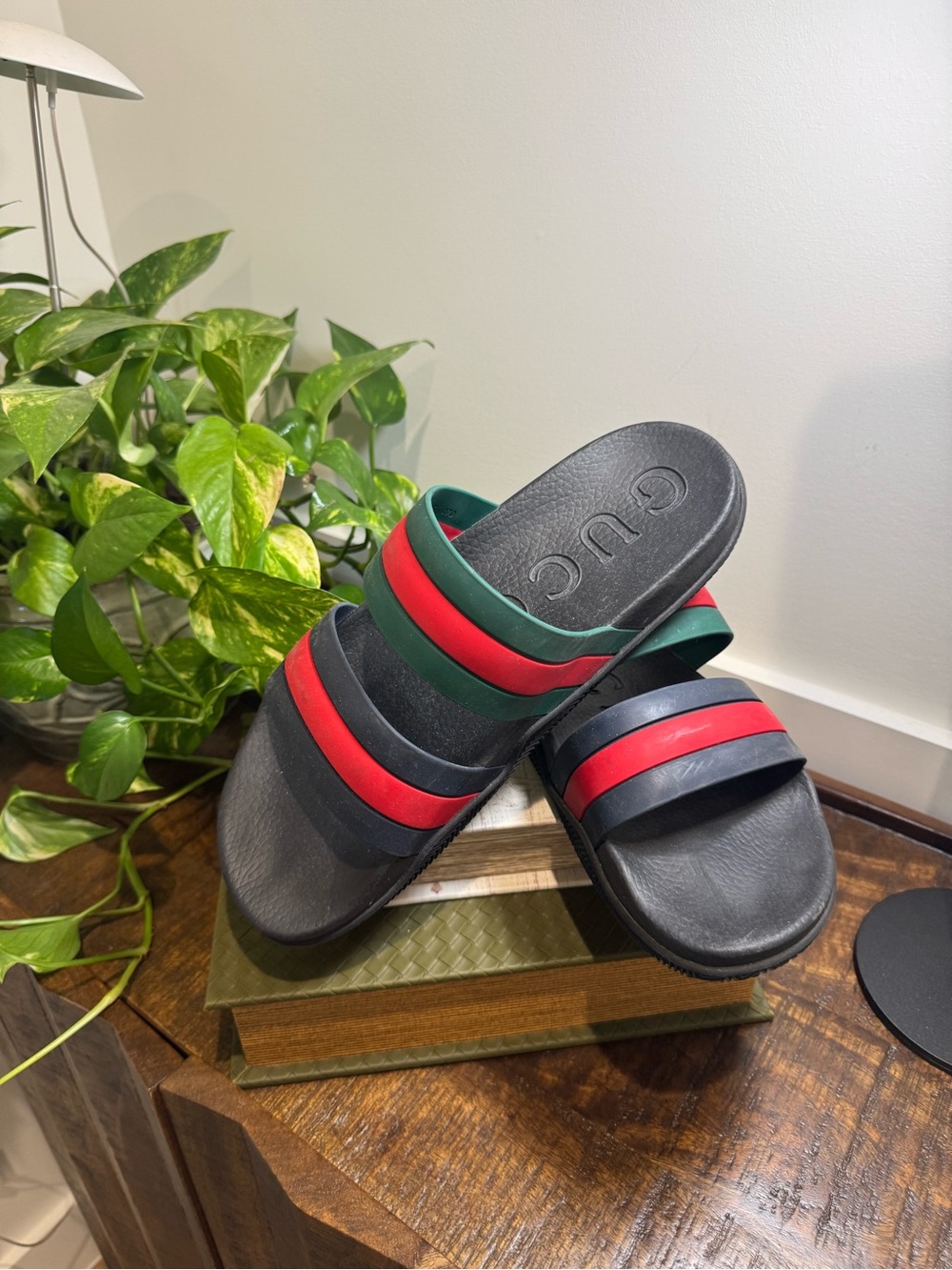 Gucci Black Slides with Red and Green Striped Straps